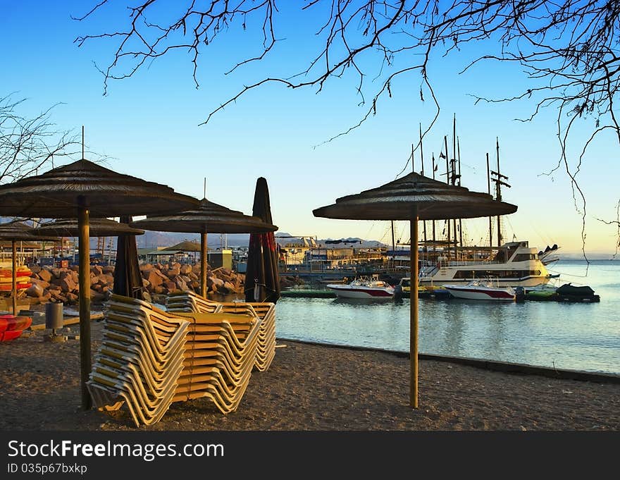 The shot was taken on the northern beach of Eilat city - a modern resort center in the Middle East. The shot was taken on the northern beach of Eilat city - a modern resort center in the Middle East