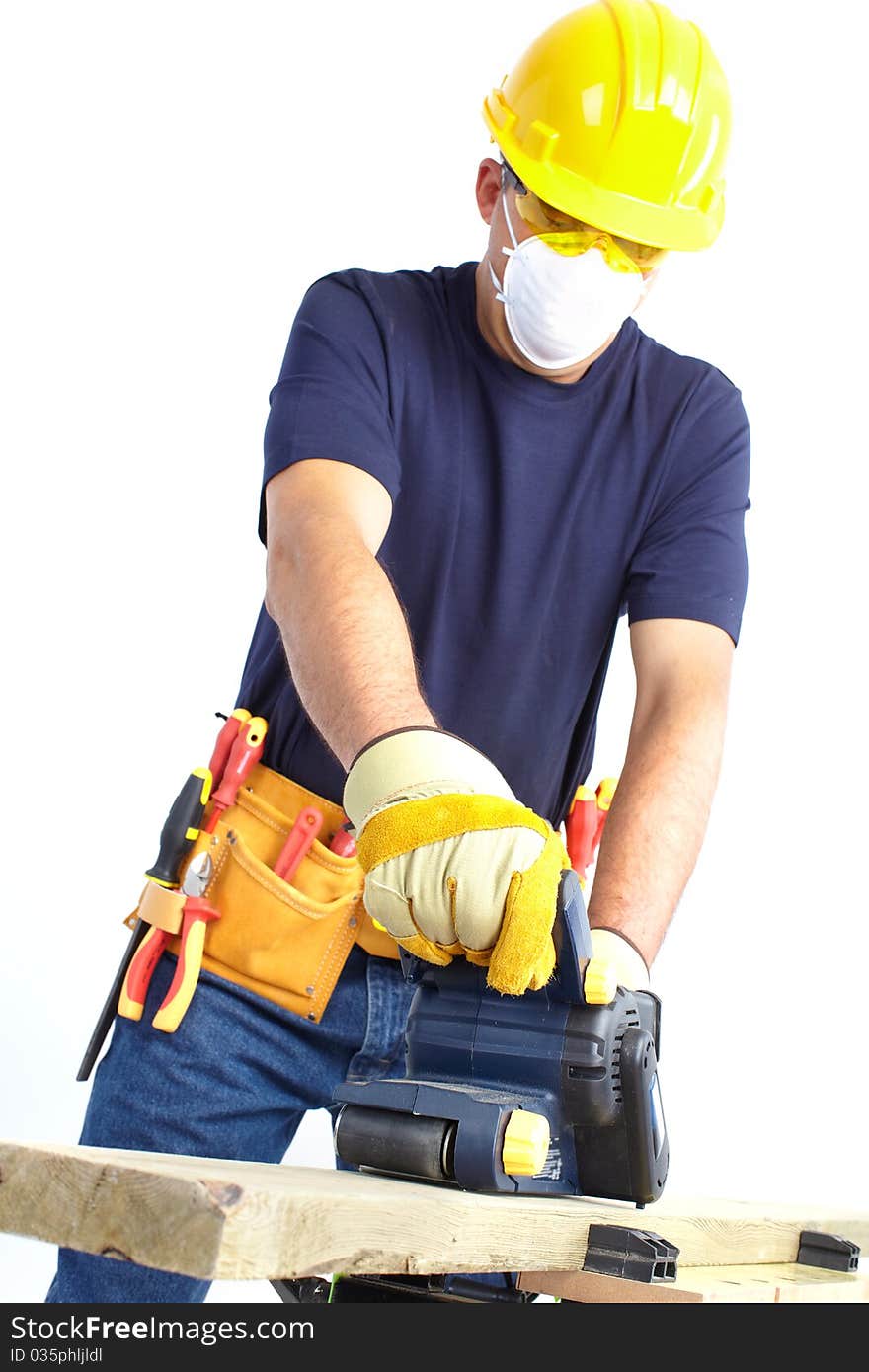 Mature contractor  working. Over white background