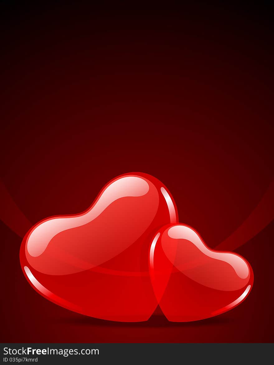 Two red shiny glass hearts Valentine's day background