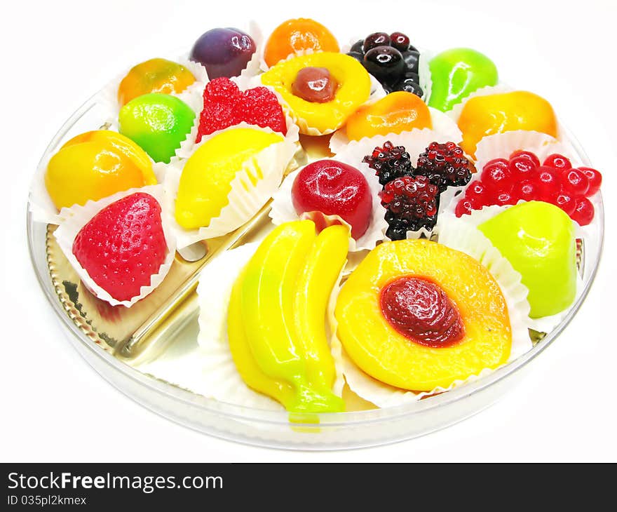 Marmalade gelatin fruits dessert covered with sugar isolated