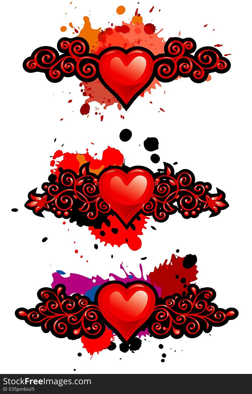 Set of hearts with vignettes and blots