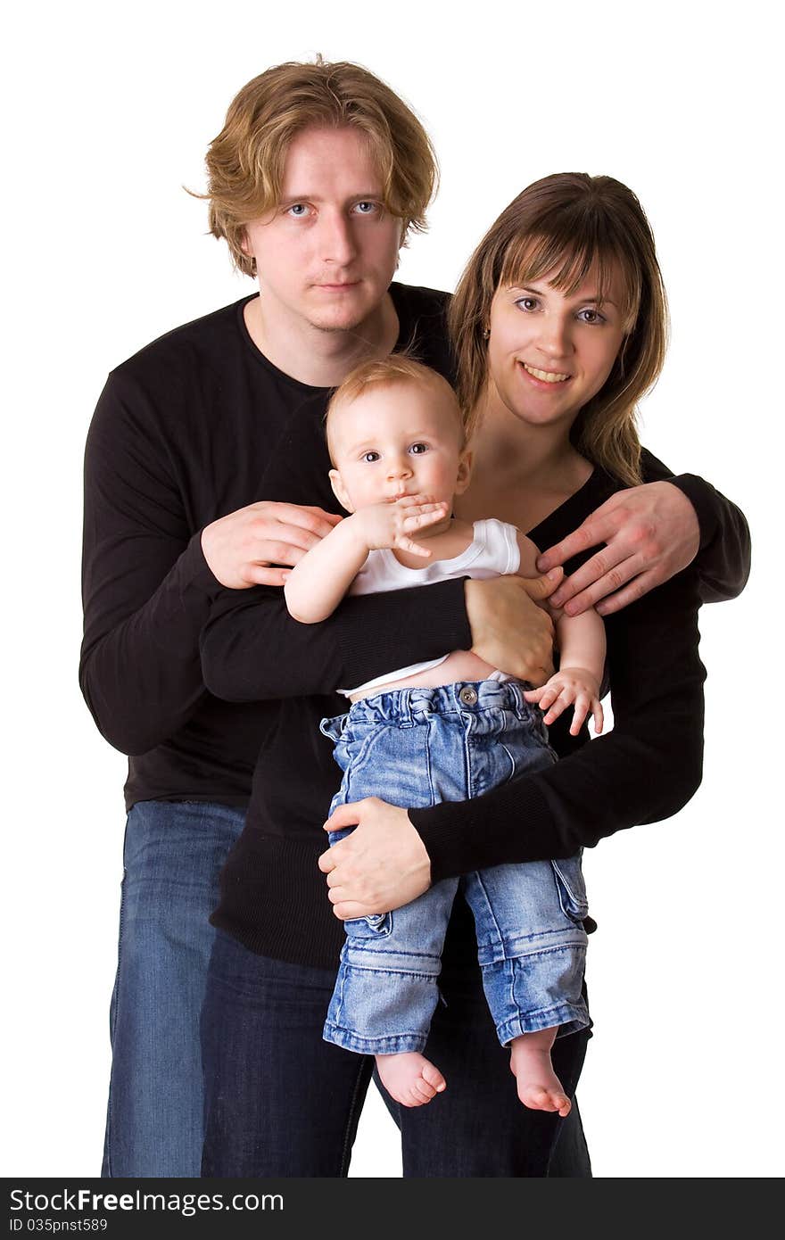 Young cheerful family isolated on white: baby, man, woman. Young cheerful family isolated on white: baby, man, woman