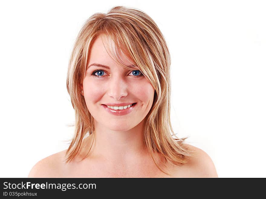 Portrait of beautiful young girl on white background