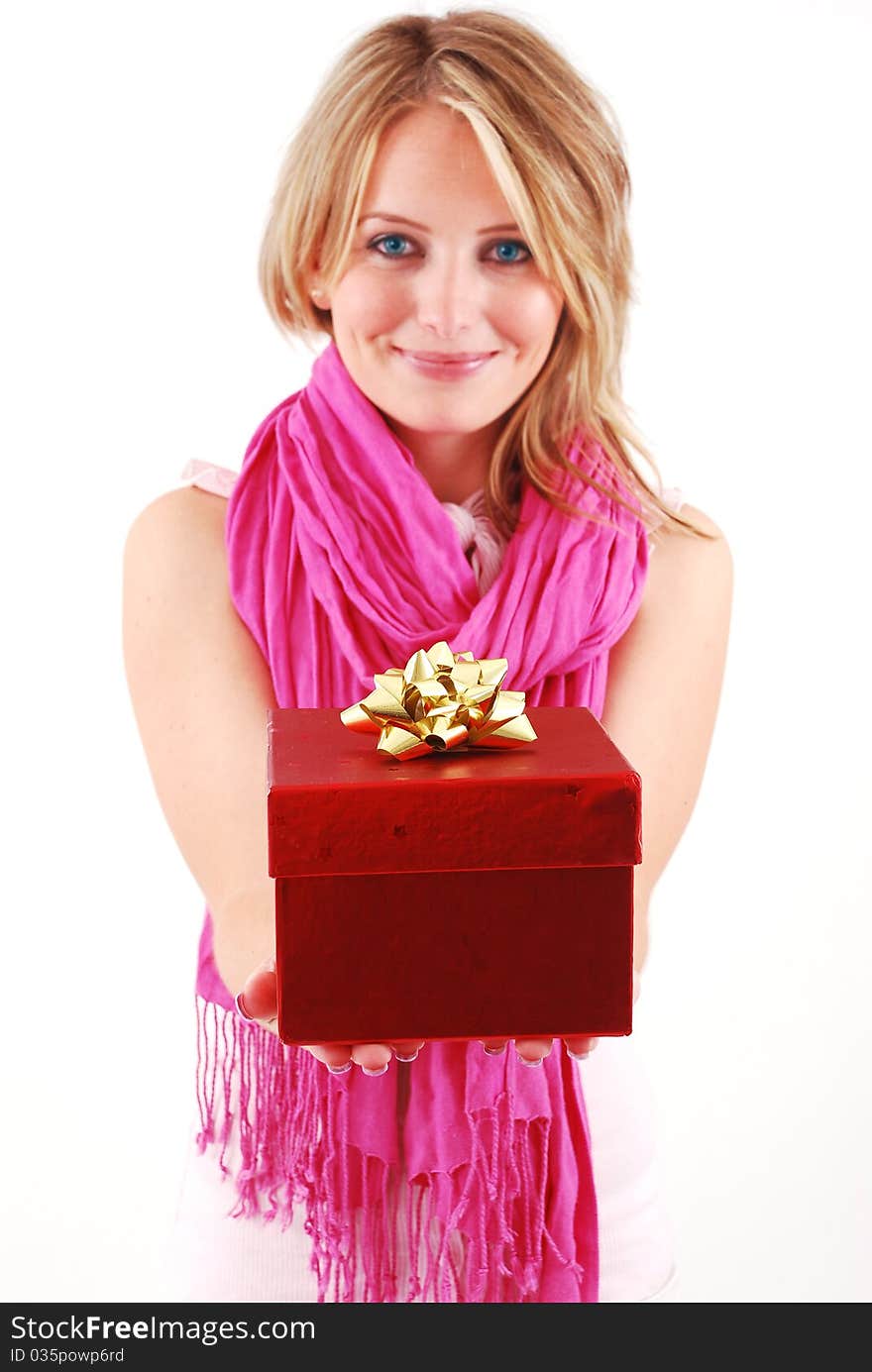 Young happy woman with a gift. Young happy woman with a gift