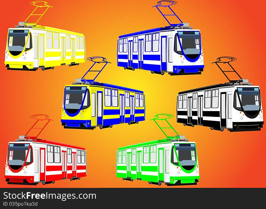 Environmentally friendly urban transport mode. Modern trams of different colors. Environmentally friendly urban transport mode. Modern trams of different colors.