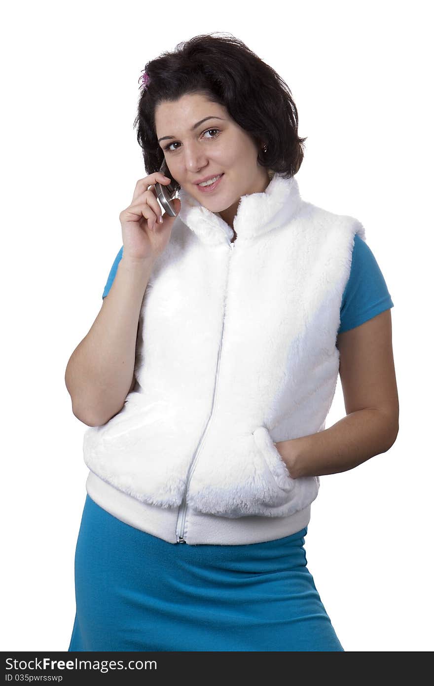 Beautiful girl on the phone over white