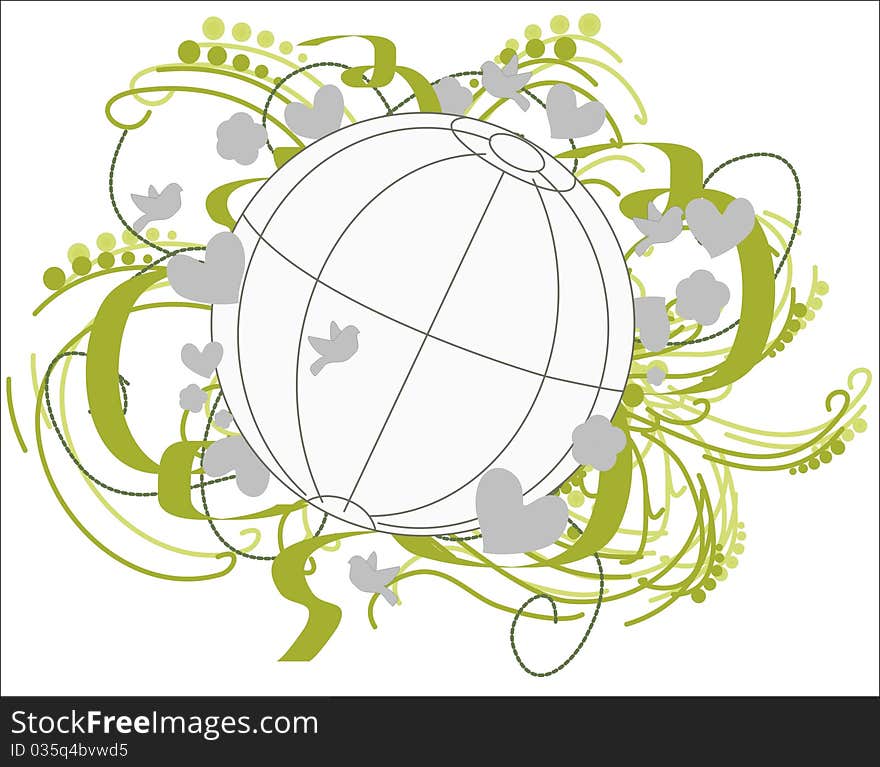 The globe is surrounded by flowers, ribbons, hearts, leaves, birds in the green-gray. The globe is surrounded by flowers, ribbons, hearts, leaves, birds in the green-gray..