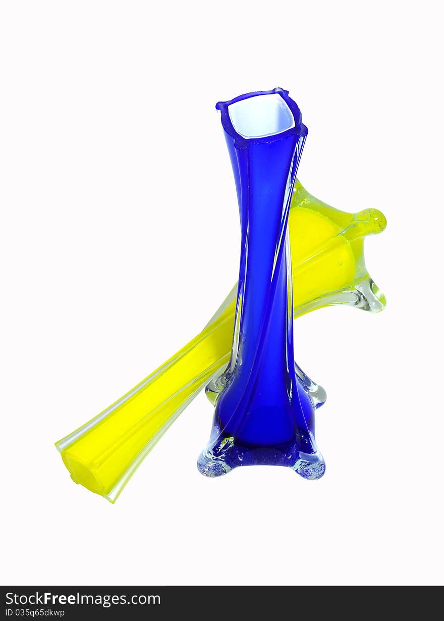 Blue glass vase and yellow glass vase