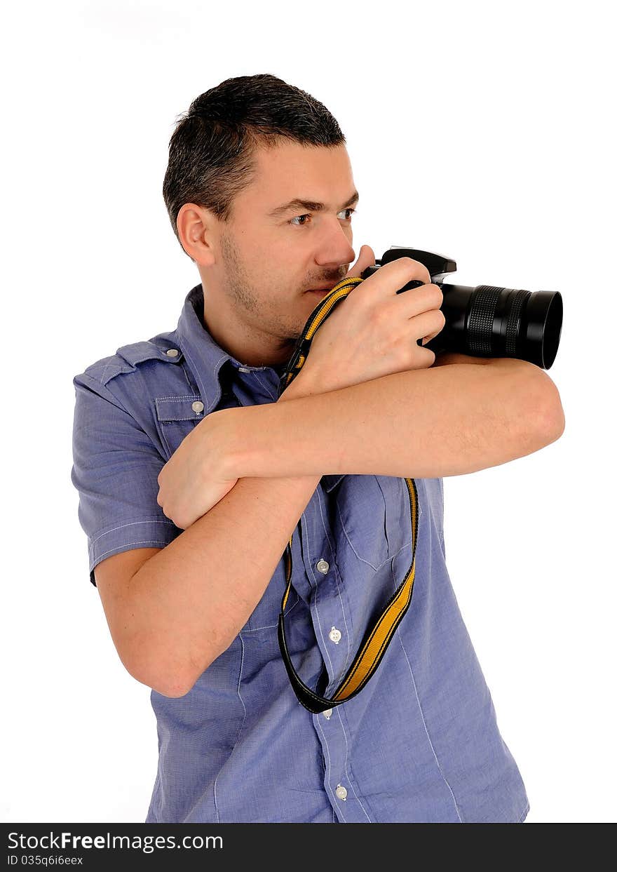 Professional male photographer taking picture . isolated on white background