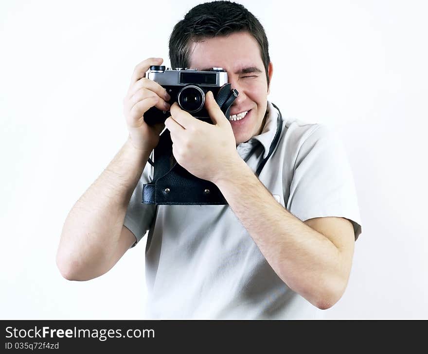 Happiness man with vintage photo camera. Happiness man with vintage photo camera.