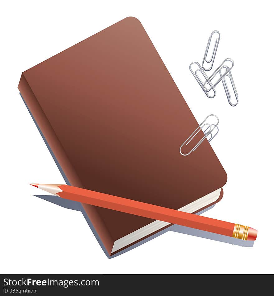 Brown Notebook, red pencil and paper clips on a white background. Brown Notebook, red pencil and paper clips on a white background.