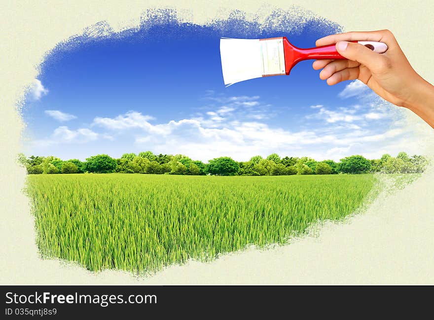 Picture of green field and blue sky painted with brush. Picture of green field and blue sky painted with brush