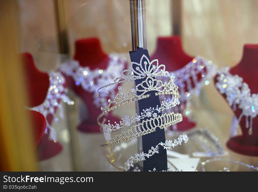 Wedding diadems on fixture at the shop shelf