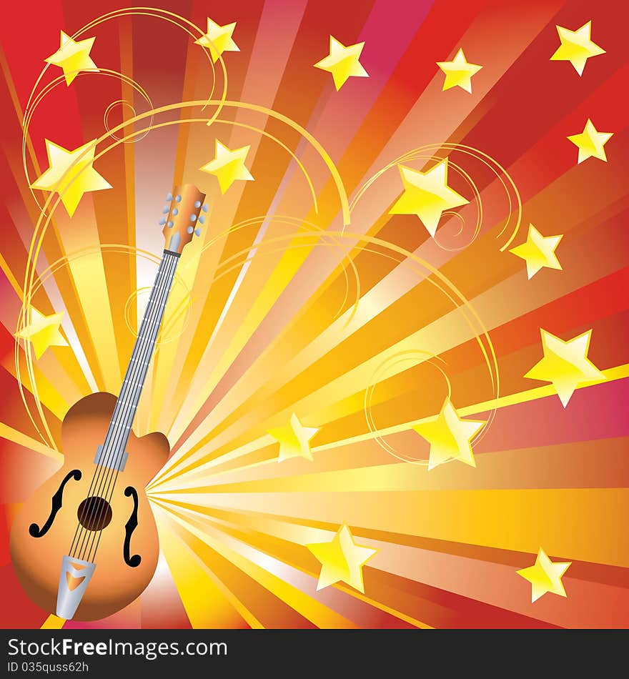 Guitar, stars and abstract pattern on the background radiation. Guitar, stars and abstract pattern on the background radiation.