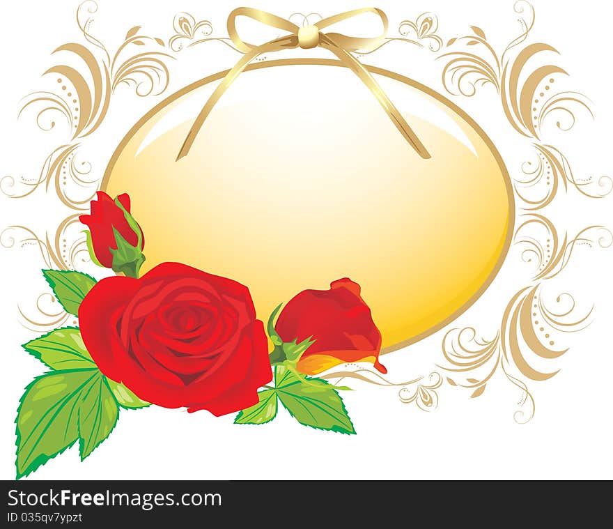 Three Red Roses And The Decorative Frame With Bow