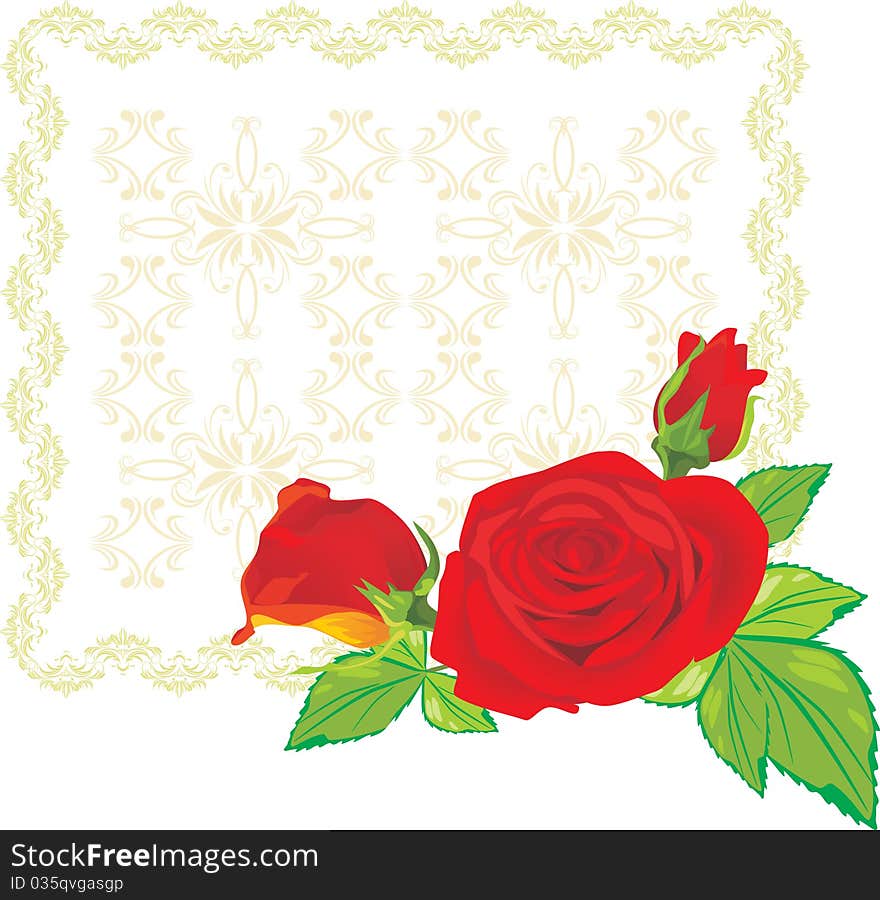 Three red roses on the decorative background. Illustration