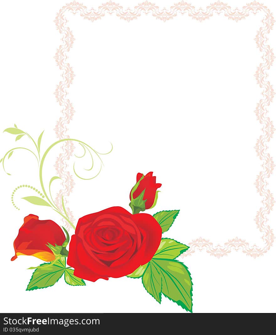 Three Red Roses With Ornament In The Frame