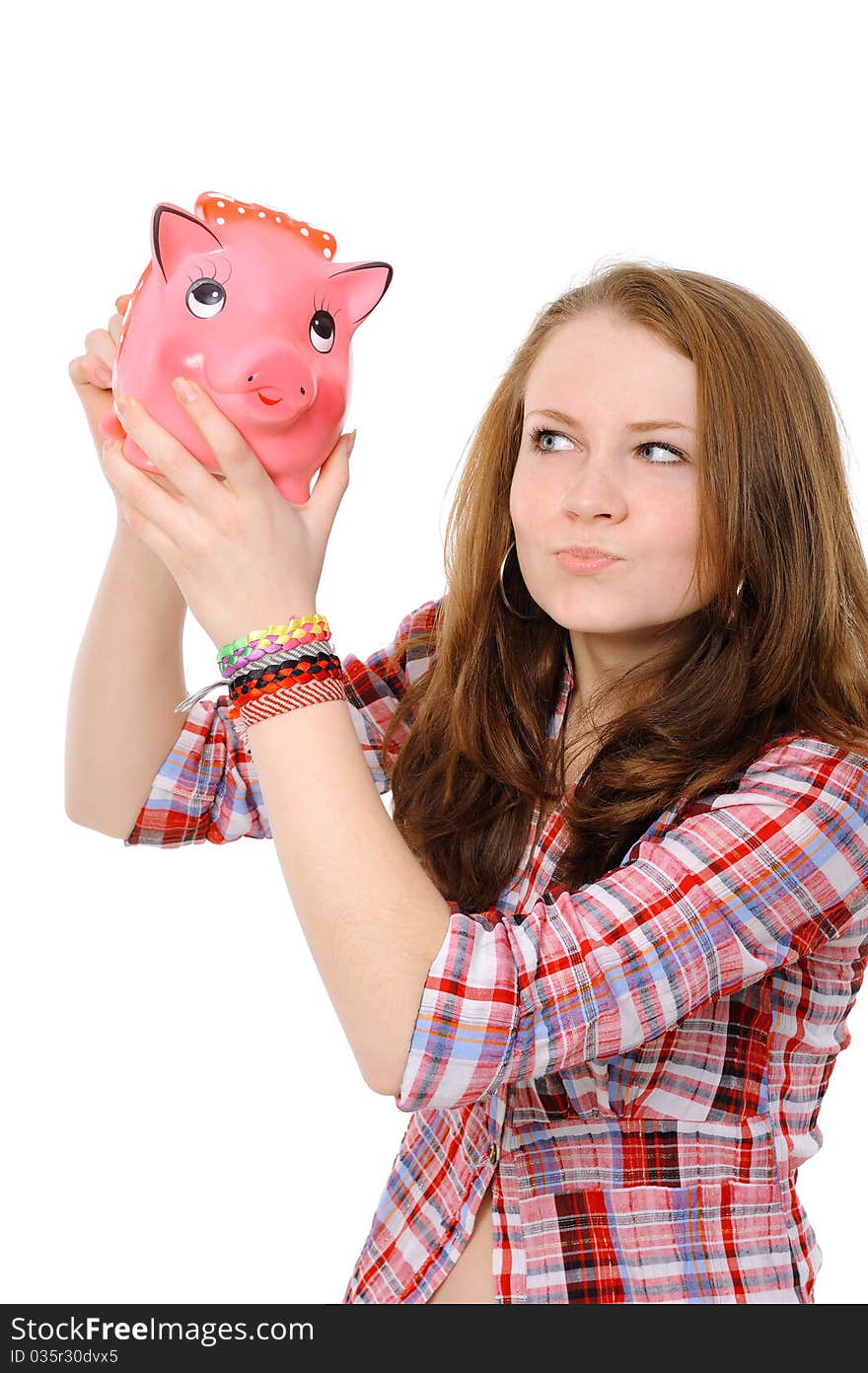 Young Woman  With Piggy Bank