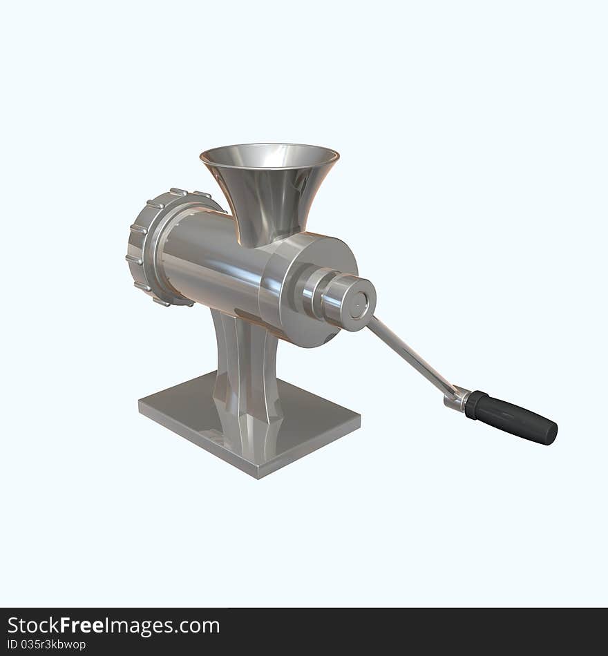 A metal meat chopper on white