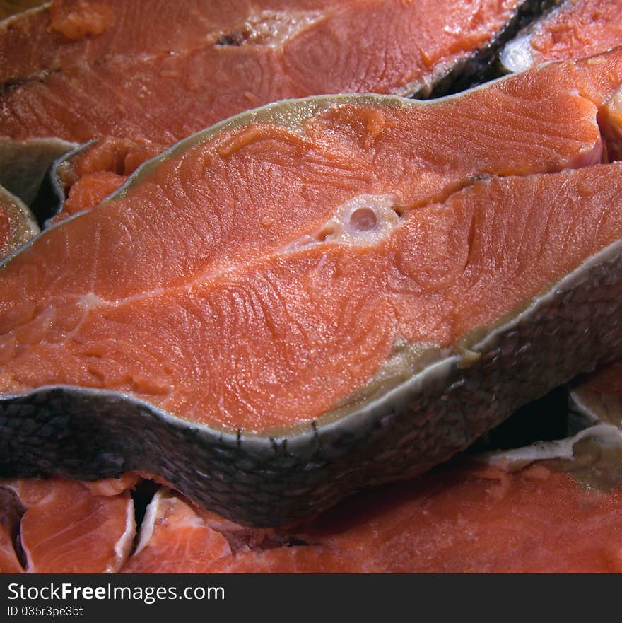 Fresh salmon fish steaks, close up. Fresh salmon fish steaks, close up