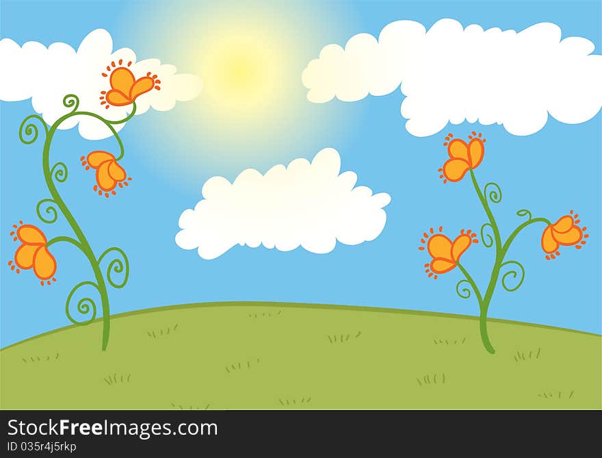 Field with orange flowers, blue sky with clouds and sun, vector