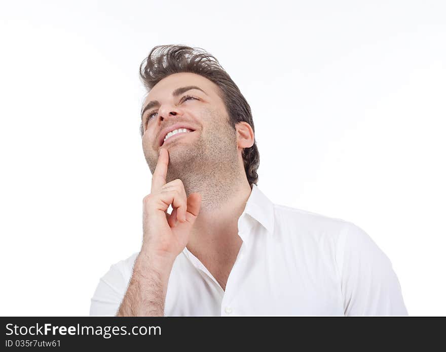 Man in white shirt standing, smiling- isolated on white. Man in white shirt standing, smiling- isolated on white