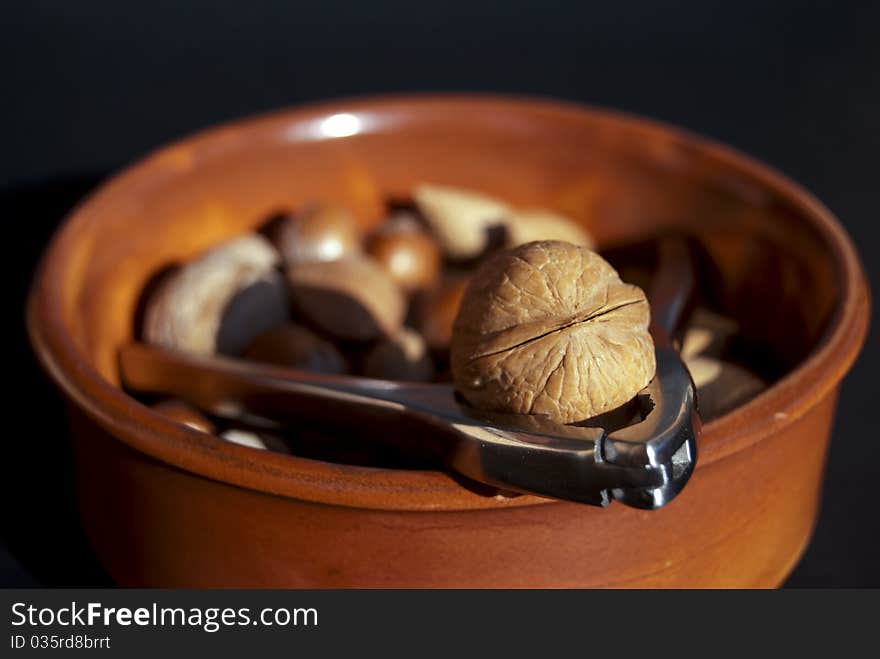 Foods. Dried fruit. Walnuts, almonds and  hazelnuts.