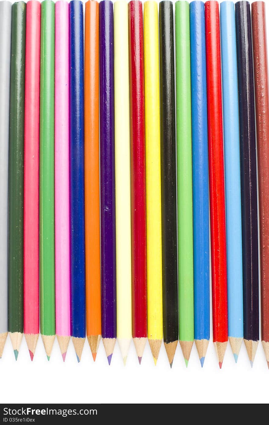 Collection of colorful sharpened wooden coloring pencils