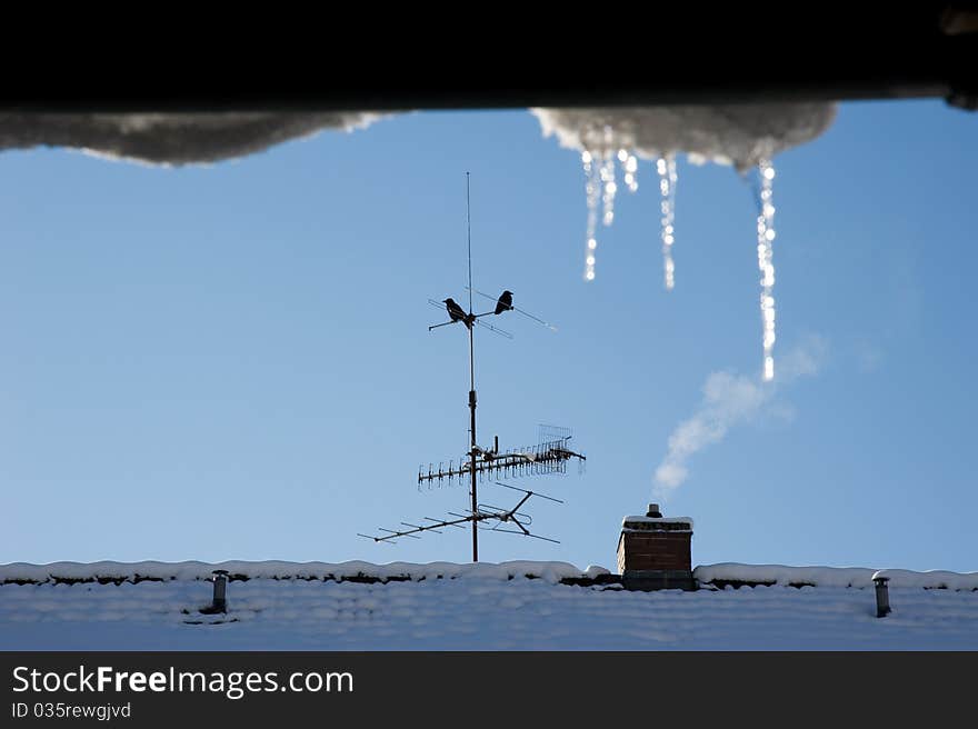 Snow covered roof and smoldering chimney, an antenna with two crows on it and in the front some icicles