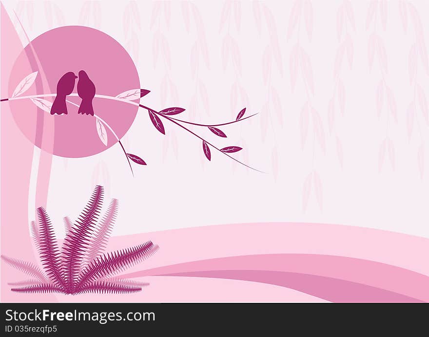 Floral ornament in the form of  branches and two birds on a abstract pink background. Floral ornament in the form of  branches and two birds on a abstract pink background