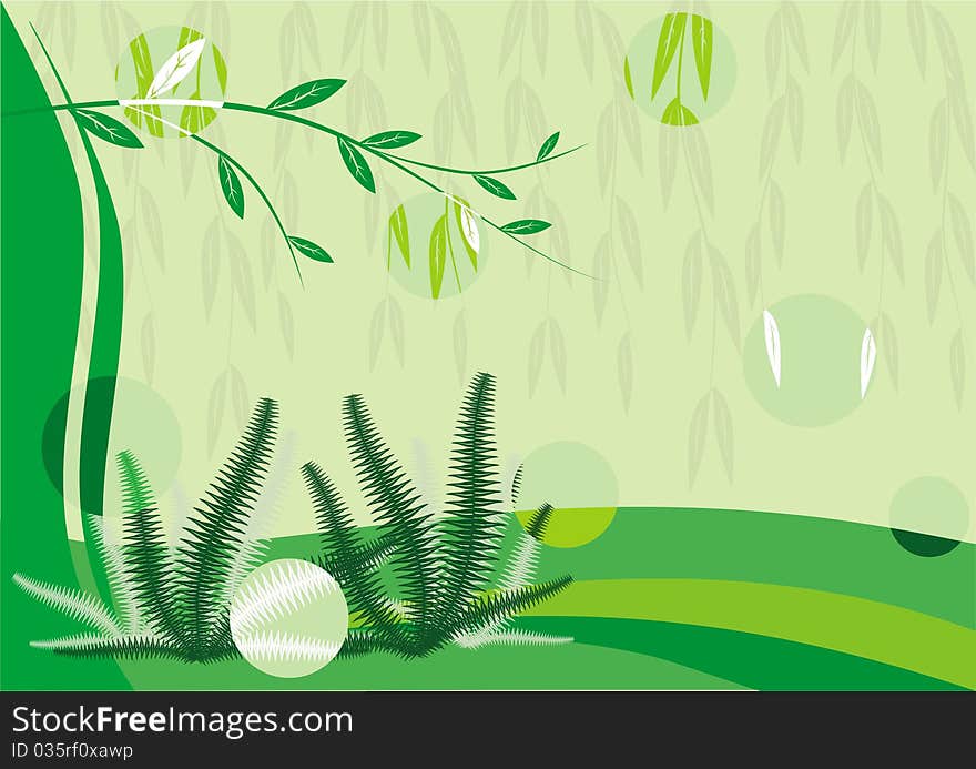 Floral ornament in the form of branches and abstract green background. Floral ornament in the form of branches and abstract green background