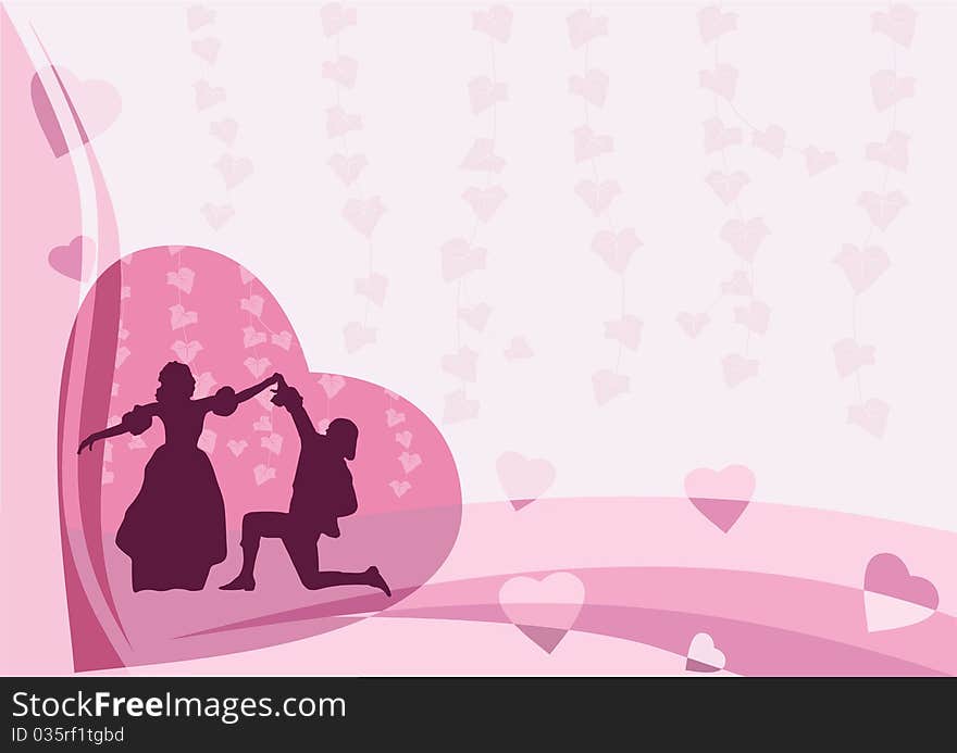 Frame in the form of abstract floral pink background and silhouette of dating lovers. Frame in the form of abstract floral pink background and silhouette of dating lovers