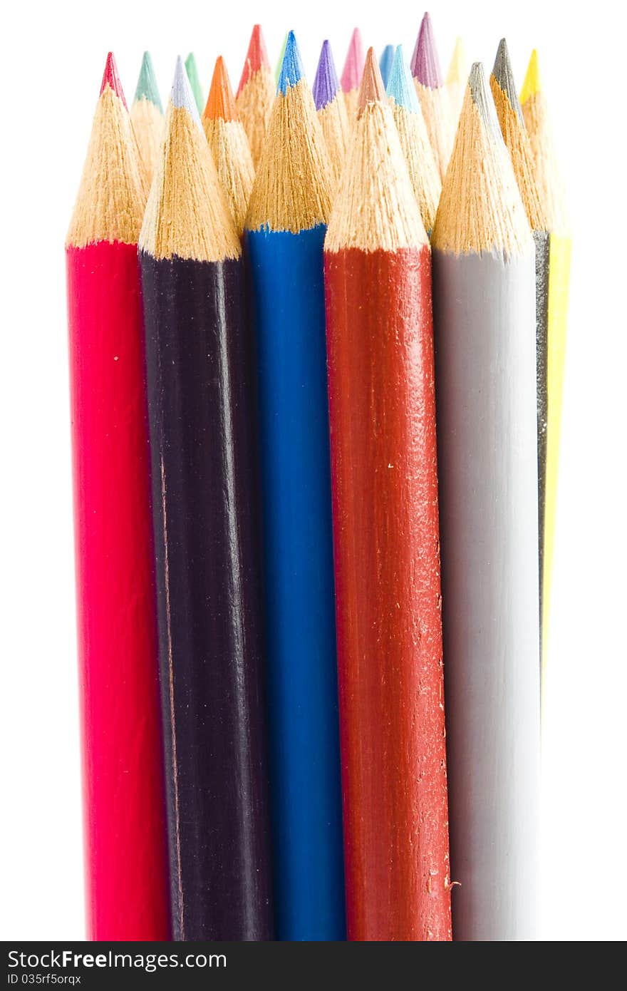 Collection of sharpened wooden coloring pencils. Collection of sharpened wooden coloring pencils