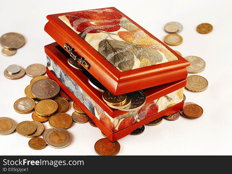 Box with money on white background