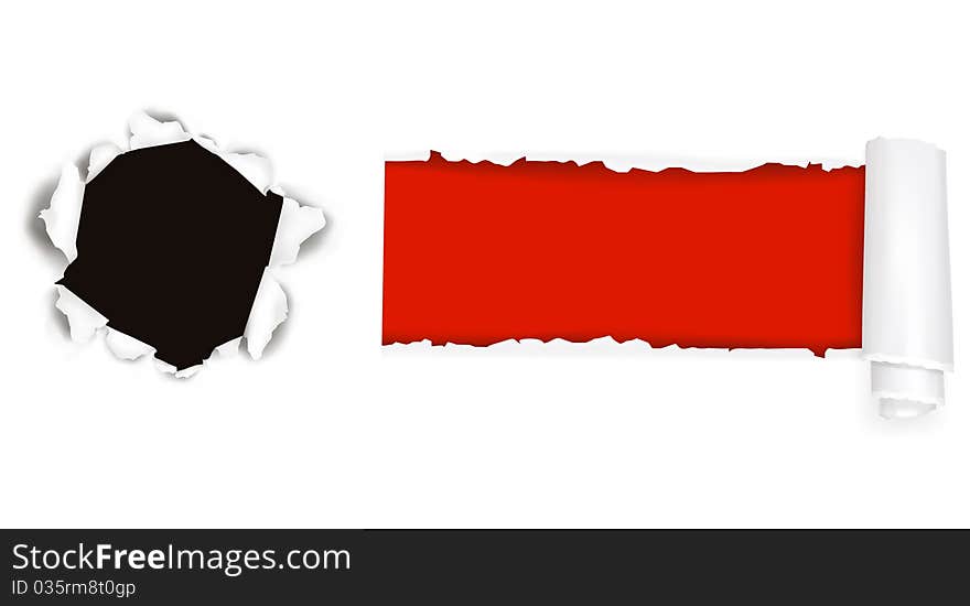 Assortment of ripped white paper against a red backgrounds. Vector illustration. Assortment of ripped white paper against a red backgrounds. Vector illustration.