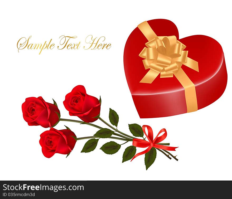 Valentine`s day card. Three Beautiful red roses and gift box with gold bow. Vector.