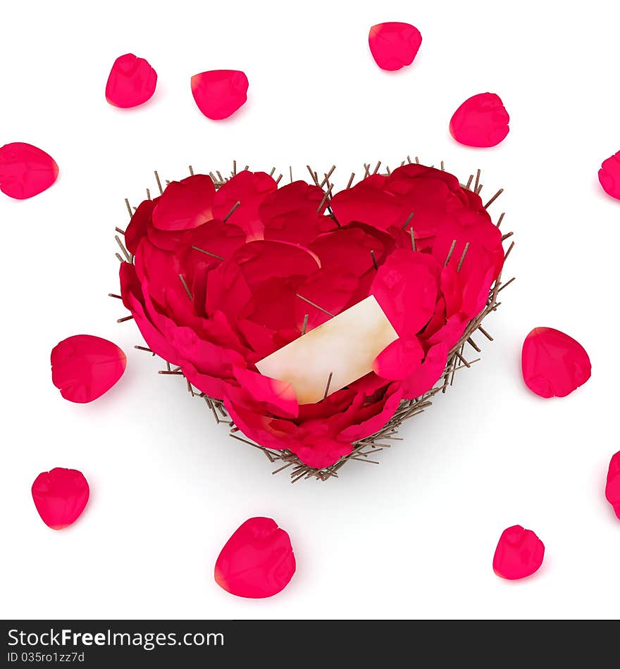 Nest in the shape of a heart filled rose petals. Nest in the shape of a heart filled rose petals