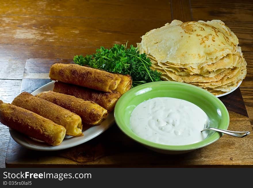 Fried Crepes Rolled on the Plate