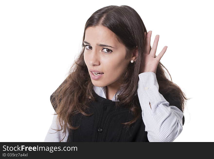 Picture of young woman listening gossip and looking surprised