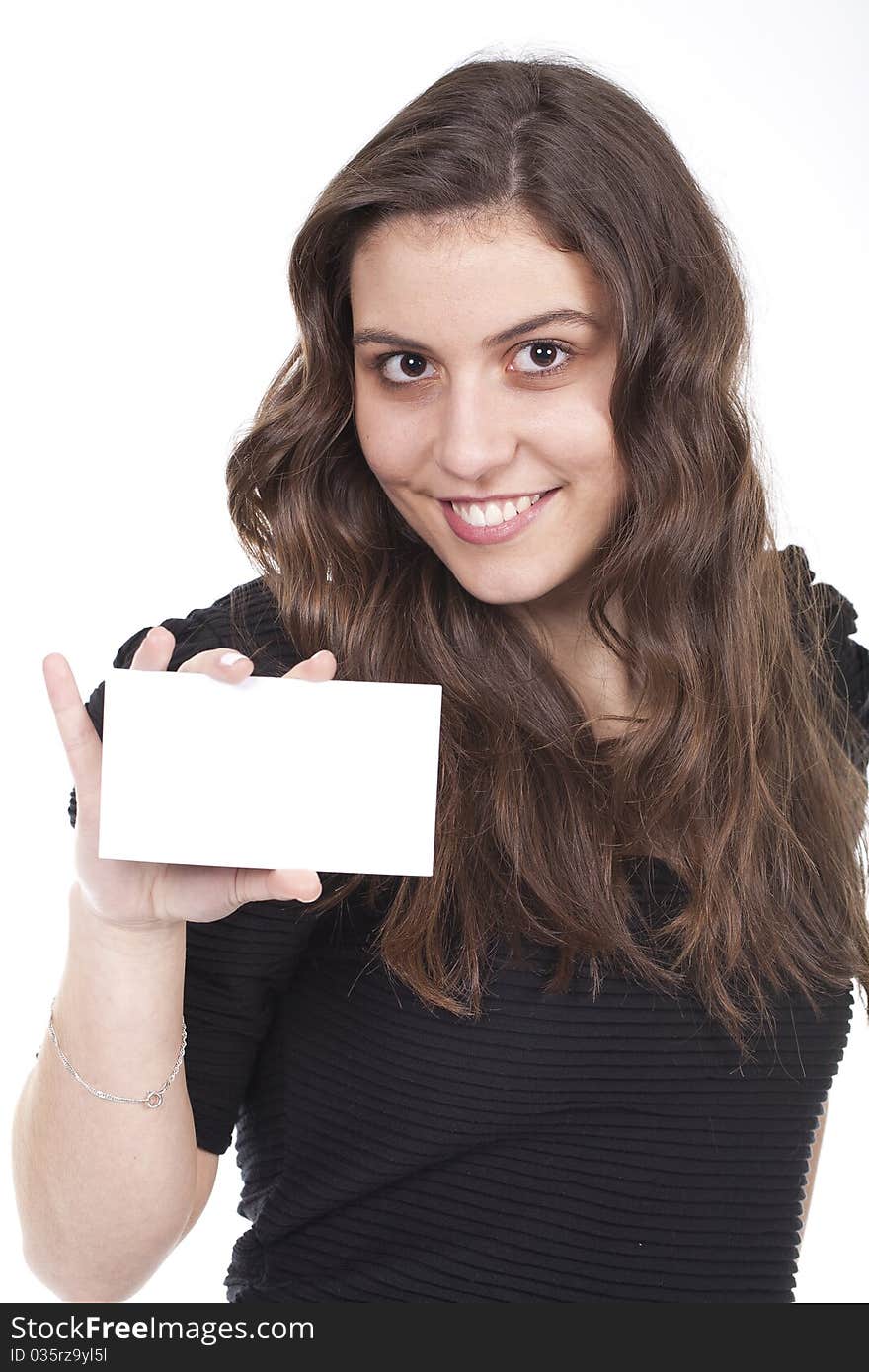 A smiling woman is holding an empty card. A smiling woman is holding an empty card