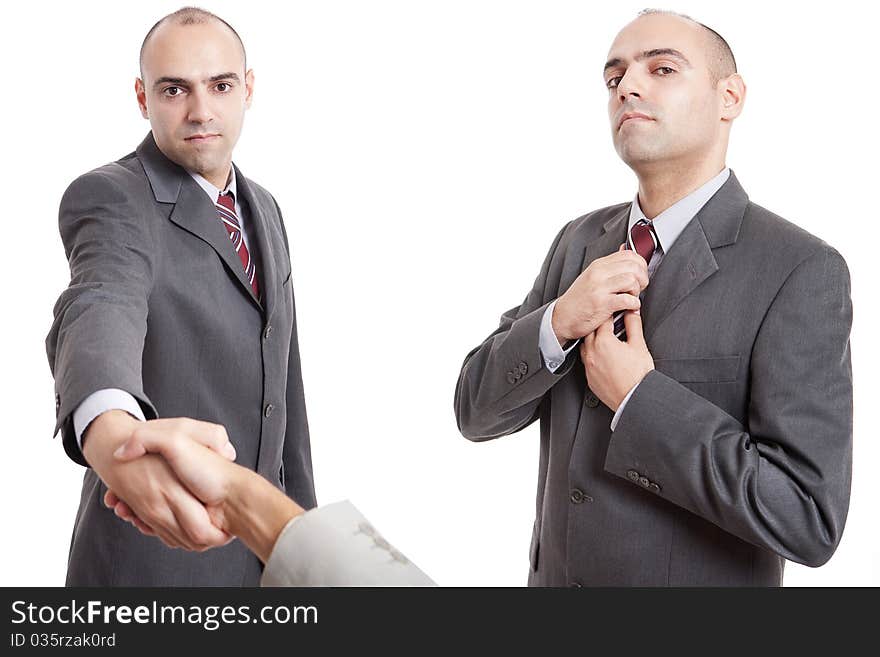 Man Shaking Hand And Straighten His Tie