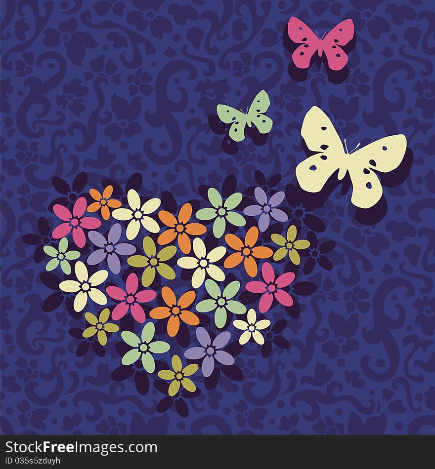 Heart consist of flowers on violet background. Vector illustration. Heart consist of flowers on violet background. Vector illustration