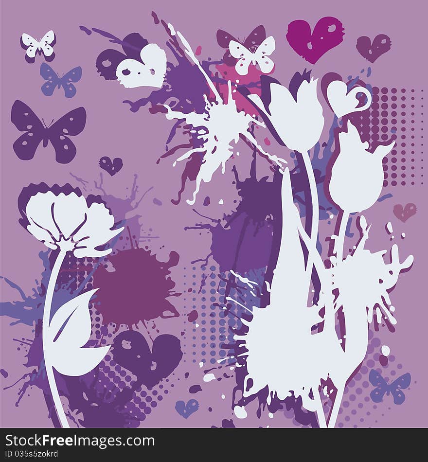 Postcard with hearts, flowers and blots on violet background. Vector illustration. Postcard with hearts, flowers and blots on violet background. Vector illustration