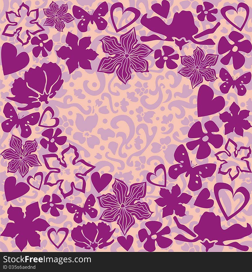 Heart consist of flowers and patterns on violet background. Vector illustration. Heart consist of flowers and patterns on violet background. Vector illustration