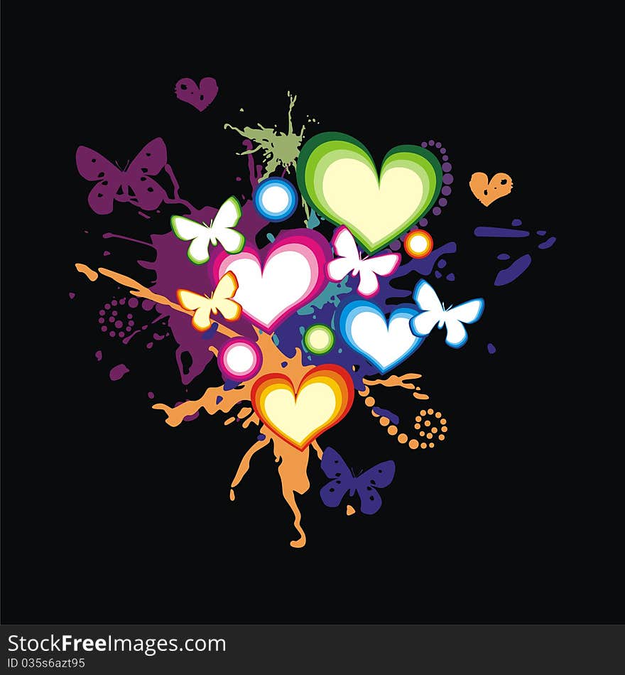 Colorful hearts and butterfles on black background. Vector illustration. Colorful hearts and butterfles on black background. Vector illustration