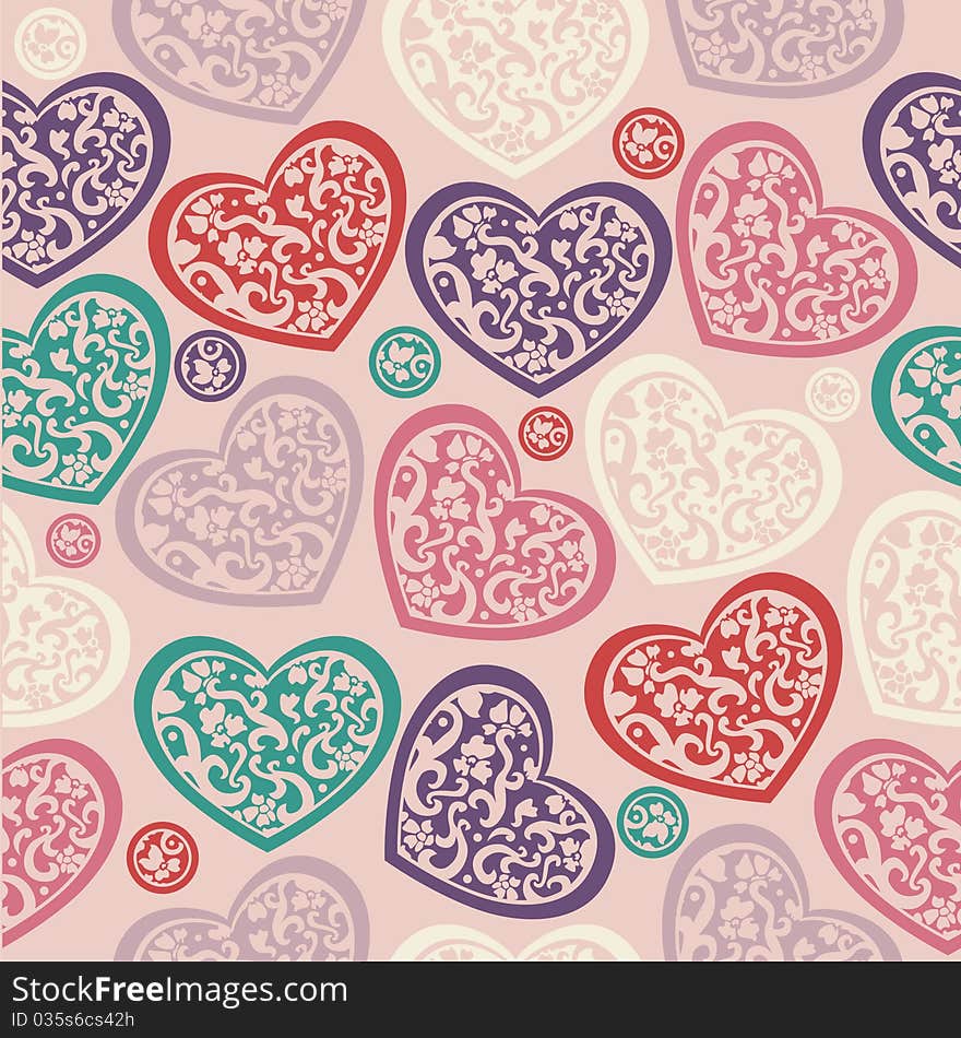 Texture of colorful hearts on pink background. Vector illustration. Texture of colorful hearts on pink background. Vector illustration