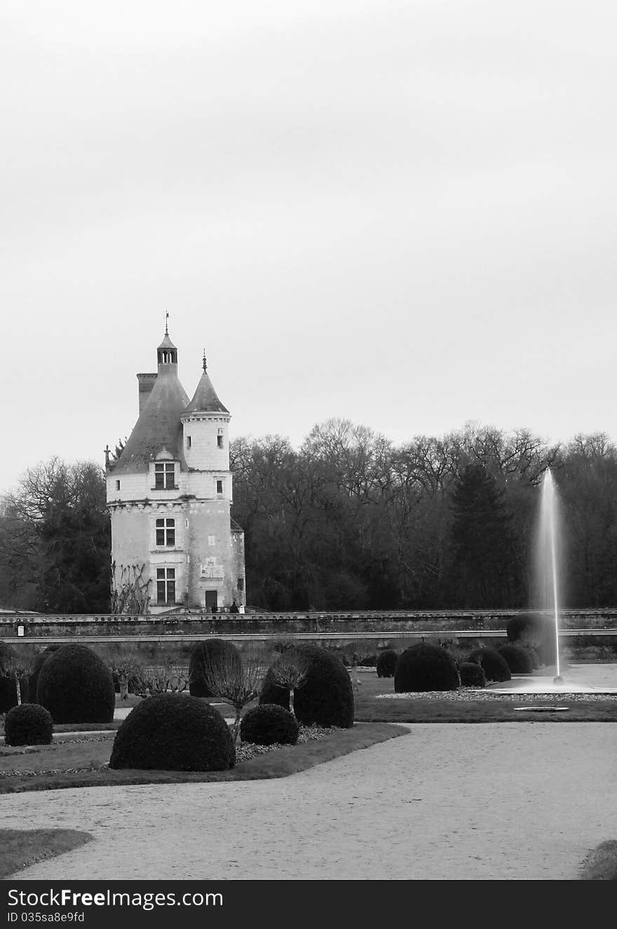 Black and white photo of Marques Tower at Chenonceau Castle in the Loire Region of France during winter. Black and white photo of Marques Tower at Chenonceau Castle in the Loire Region of France during winter.