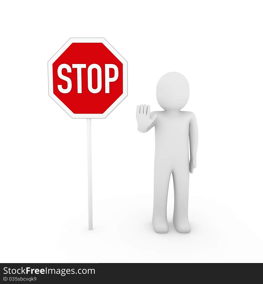 3d human stop red sign white symbol shield