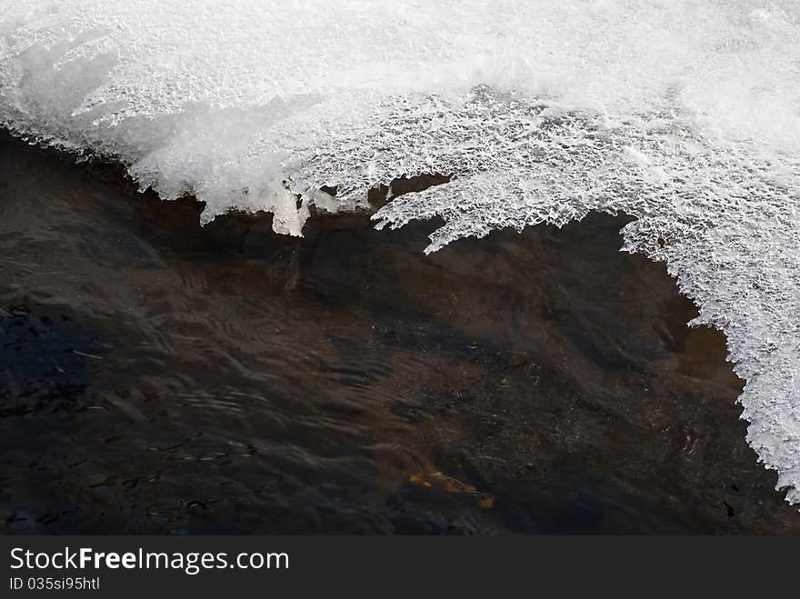 Spring background with a frozen river