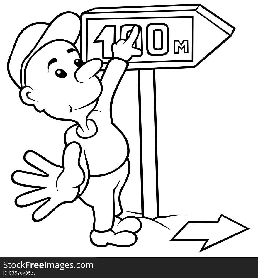 Boy and Dirrection Arrow - Black and White Cartoon illustration, Vector